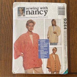McCall’s Sewing Pattern Nancy Zieman 9244 Size 8 - 22 Lined Jackets 1998